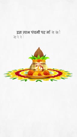 A festive Labh Pancham image featuring a Kalash, marigold flowers, and traditional Rangoli design on a white background with Hindi text.
