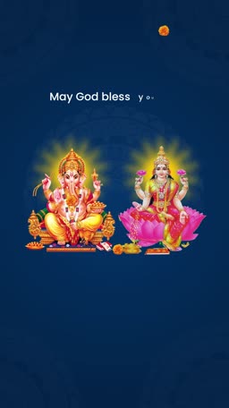 Lord Ganesha and Goddess Lakshmi sitting together with divine blessing text on a dark blue background