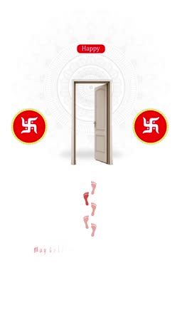 A creative greeting card featuring an open door, Swastika symbols, and Lakshmi footprints on a white background for Diwali