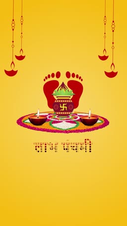 Lakshmi Panchami greeting card with diya, kalash, and goddess footprints on a yellow background