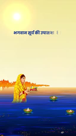 A woman in a yellow sari performing Chhath Puja with offerings in the river during sunrise