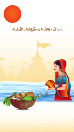 A woman celebrating Chhath Puja with a basket of fruits and water offerings near a temple