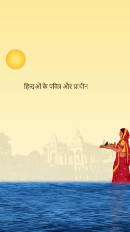 A woman in a red saree performing a ritual near water with a temple silhouette in the background under a sunrise.