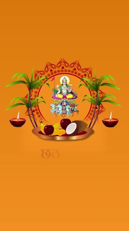 Chhath Puja greeting featuring Sun God Surya, offerings of fruits, sugarcane, and traditional lamps on an orange background.