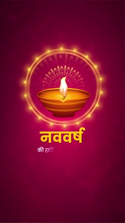 A traditional Indian clay lamp diya lit against a festive maroon background with New Year greetings in Hindi