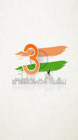 A creative graphic for India Independence Day with the number 3, tricolor brush strokes, and an Indian monument skyline silhouette.