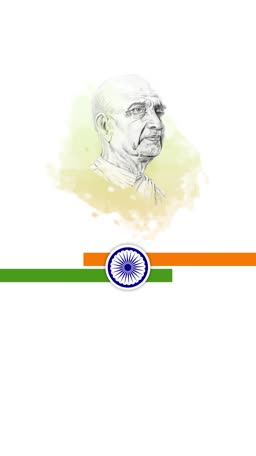 A pencil sketch portrait of Sardar Vallabhbhai Patel with Indian tricolor flag elements.