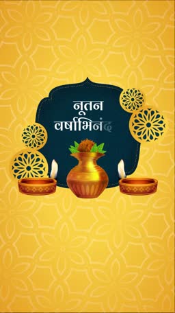 A celebratory Nutan Varshabhinandan image featuring a kalash, diyas, and traditional patterns on a yellow background.