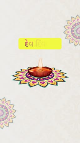 A beautifully lit clay diya lamp placed on a colorful floral rangoli pattern for Dev Diwali celebration.