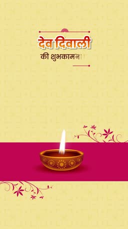 A celebratory Dev Diwali greeting with a traditional lit diya on a cream and pink patterned background.