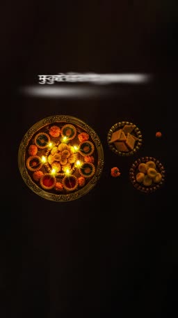 A beautifully arranged thali with lit diyas and traditional Indian sweets for Diwali