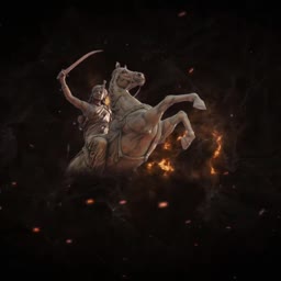 Statue of Rani Lakshmibai riding a horse with a sword raised, surrounded by flames and dark smoke.