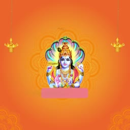 Lord Vishnu centered against a bright orange background with traditional lamps