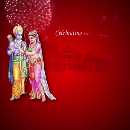 Lord Rama and Goddess Sita standing together against a red Diwali celebration background with fireworks