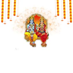 A beautiful digital illustration of Hindu deities Lord Rama and Goddess Sita decorated with marigold garlands.