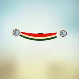 A minimalist graphic design featuring the tricolor of India's flag forming a curved shape with Ashok Chakra wheels on both ends against a soft, blurred sky-blue background.