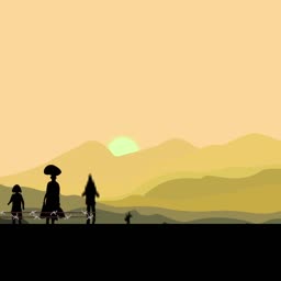 A group of silhouetted figures walking across a desert landscape at sunset behind a barbed wire fence