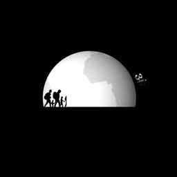 A minimalist black and white graphic showing silhouettes of a group of travelers walking in front of a white glowing globe or moon.