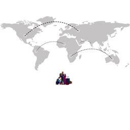 A family with luggage standing below a world map with travel trajectory lines.
