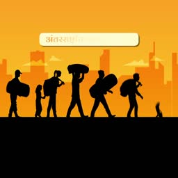 Silhouettes of migrant people carrying luggage walking against an orange urban sunset background