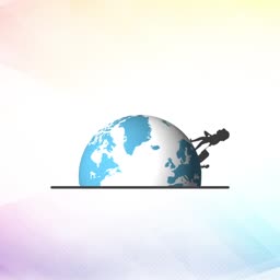 A silhouette of a person traveling around a globe against a pastel gradient background