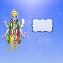 Lord Vishnu with traditional attire and ornaments against a light blue magical background with a blank text frame.