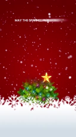 A decorated Christmas tree with a glowing star on a red background with falling snow