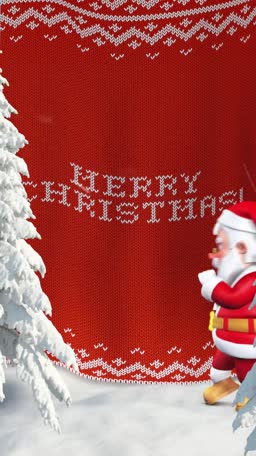 A cartoon Santa Claus standing in snow in front of a red knitted sweater background with Merry Christmas text