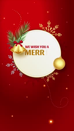 A vertical red Christmas greeting card design with a white circle in the center, decorated with gold bells, a gold ornament, and snowflakes.