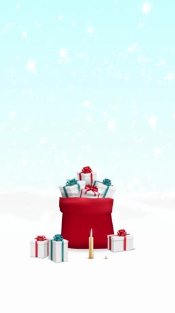 A bright red Santa Claus gift sack filled with wrapped presents surrounded by more gifts and a candle in a light blue, snowy, magical Christmas setting.