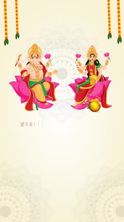 Lord Ganesha and Goddess Lakshmi seated on lotus flowers for a Diwali greeting card