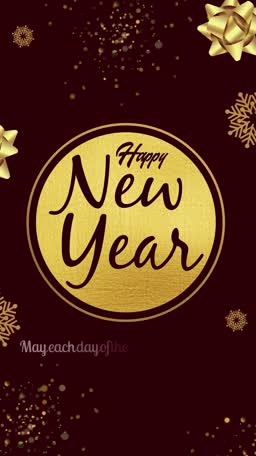 Gold Happy New Year text on a dark red background with gold snowflakes and ribbons