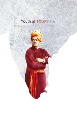 Swami Vivekananda silhouette over a map of India with inspirational text