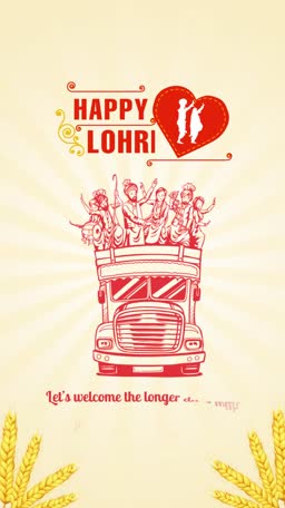Happy Lohri greeting card featuring a traditional truck with people dancing and wheat stalks
