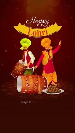 Two Punjabi men dancing and playing dhol drums with traditional sweets for Lohri festival