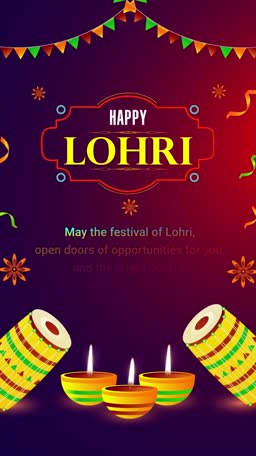 Decorative Happy Lohri greeting card with traditional dhol drums and lit diyas against a gradient purple and red background