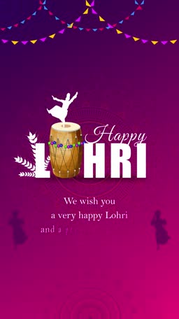 Decorative Happy Lohri greeting card featuring a dhol drum and silhouette of a dancer on a purple gradient background