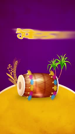 A traditional dhol drum with wheat stalks and sugarcane against a purple and yellow background for Lohri festival