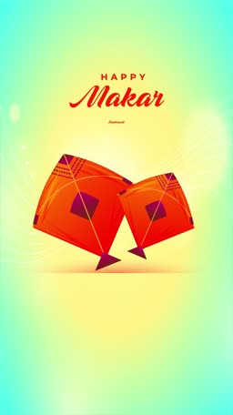 Two orange kites flying against a bright yellow and light blue gradient background celebrating Makar Sankranti