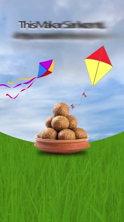 A clay bowl filled with Tilgul ladoos placed on green grass with colorful kites flying in a cloudy sky during Makar Sankranti.