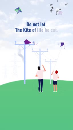 Children flying kites near electrical power lines in a field with a safety warning message