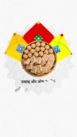 A celebratory Makar Sankranti graphic with traditional Indian sweets like laddus and chikki, kites, and mandala pattern on a white background.