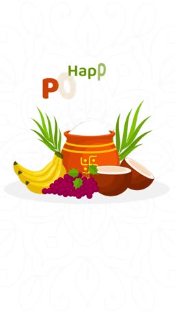 Traditional Pongal festival greeting featuring a clay pot, rice, sugarcane, bananas, and grapes