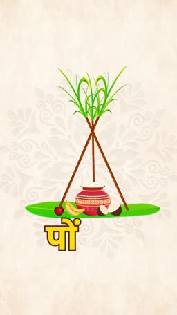Decorative graphic for Pongal festival featuring a sugarcane stand and traditional pot