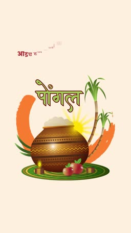 Traditional Pongal festival illustration featuring a clay pot, sugarcane, and sunrise