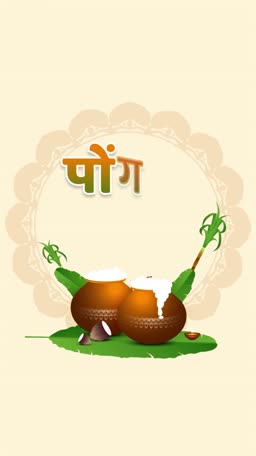 Traditional clay pots with boiling rice on a banana leaf for Pongal festival
