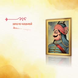 Portrait of Maharana Pratap framed against a soft yellow watercolor background with Marathi text