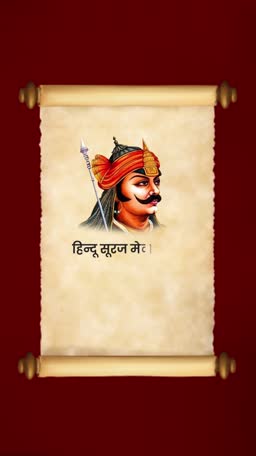 Portrait of Maharana Pratap on a vintage paper scroll background