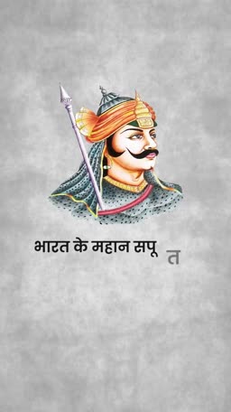 An artistic portrait of the legendary Indian warrior Maharana Pratap on a textured gray background with Hindi text