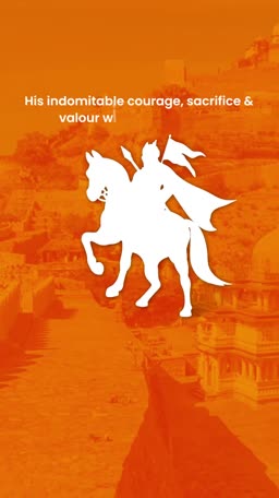 A white silhouette of Maharana Pratap riding a horse over an orange background featuring a historic fort